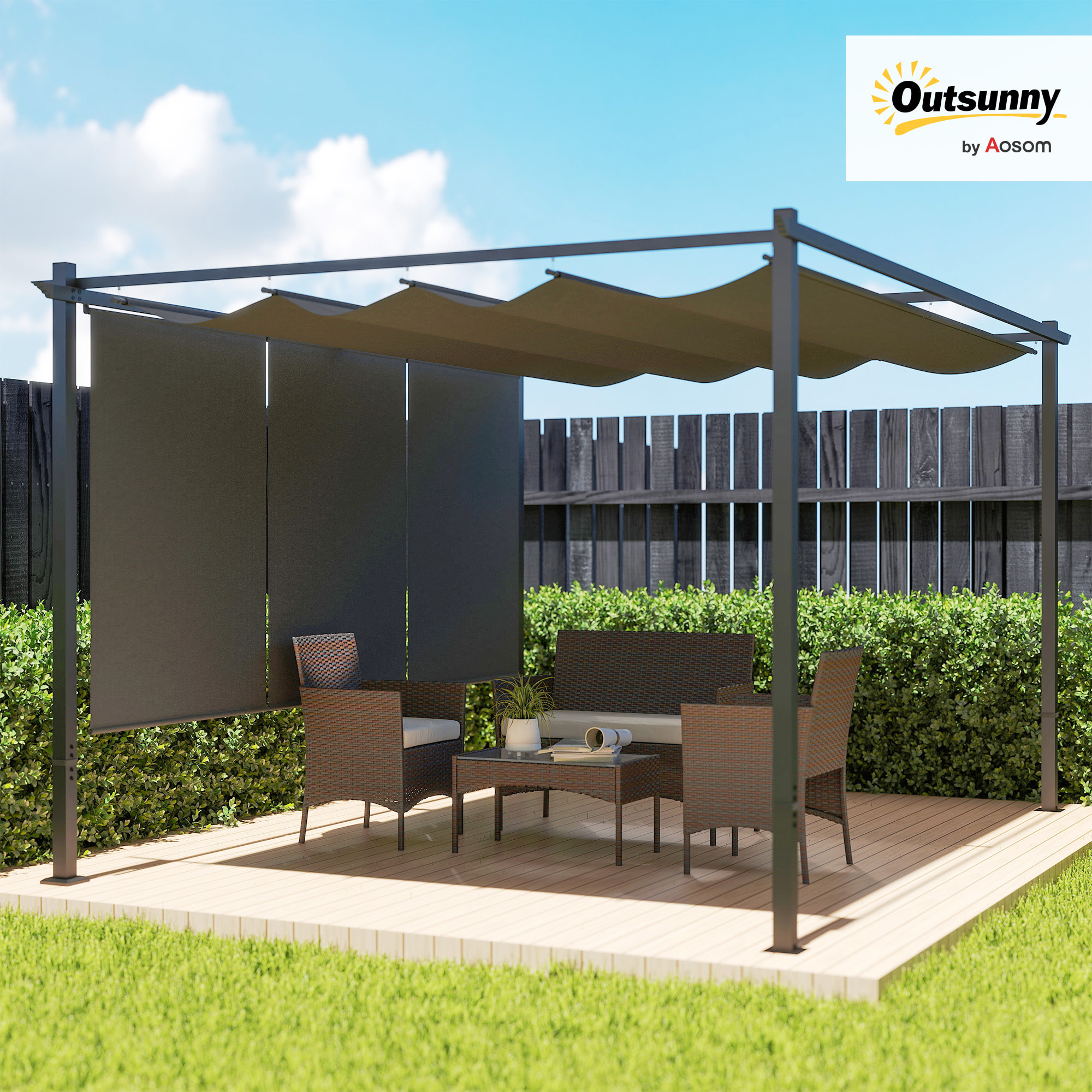 Pérgola con Techo Retráctil Pérgola de 4x3 m Cenador de Pared o Independiente con Laterales Enrollables Protección UV30+ Pabellón para Jardín Patio Terraza Exterior Gris