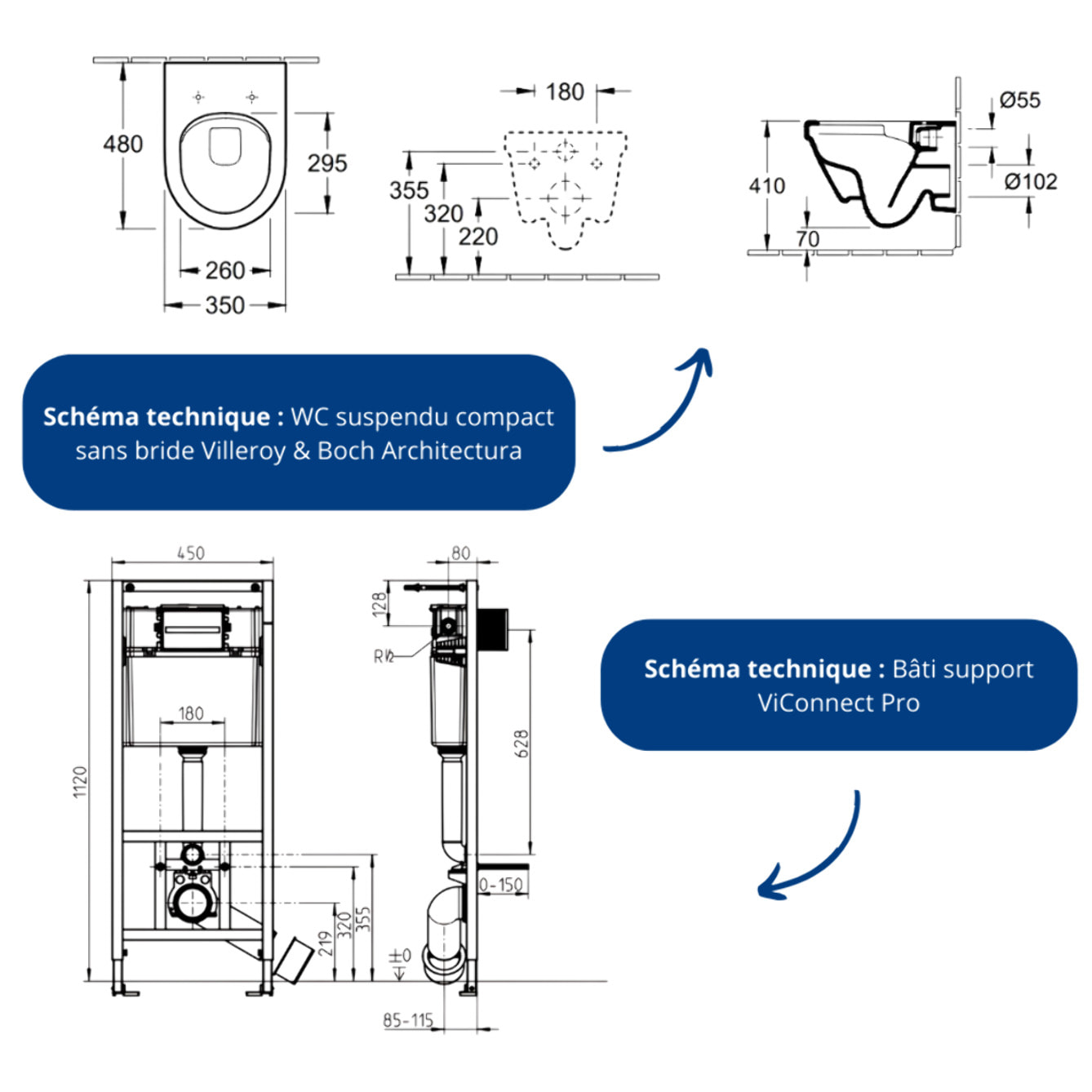 Pack WC sans bride compact Architectura abattant frein de chute + bâti-support Viconnect PRO + plaque blanche