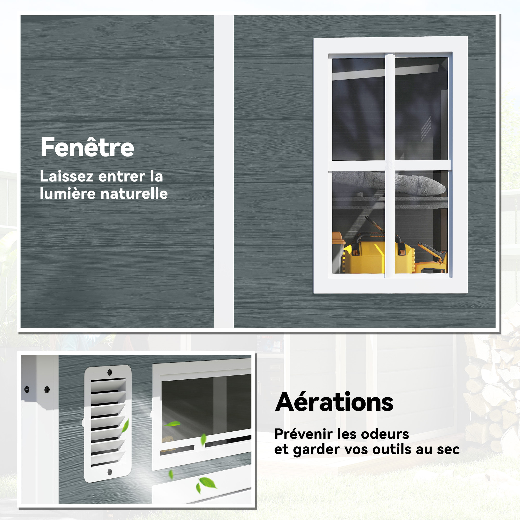 Abri de jardin 2,89 m² portes verrouillable plancher fenêtres aérations résine PP effet bois gris blanc