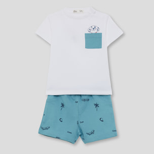 Conjunto de camiseta con bolsillo y dibujo de perrito y shorts con estampado playero tropical | Color: Turquesa | Street Monkey