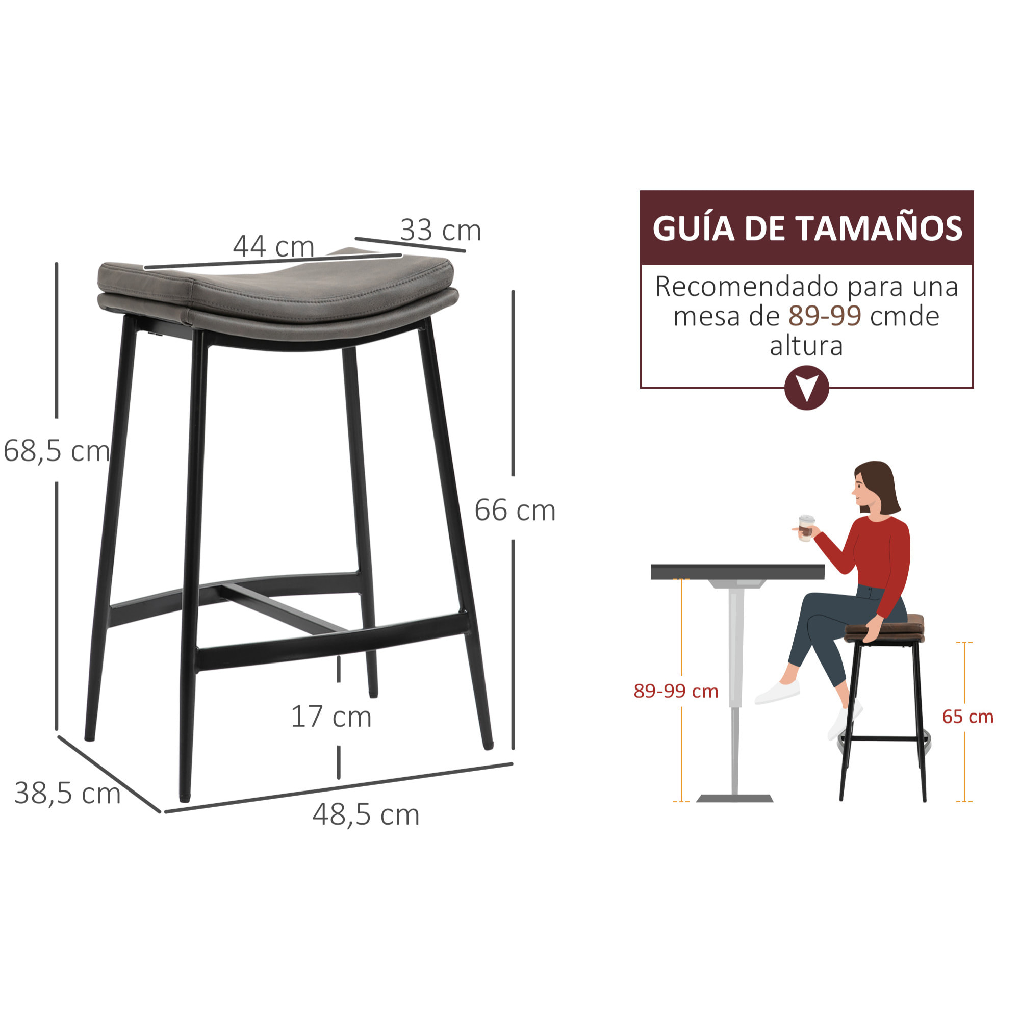 Conjunto de 2 Taburetes Altos de Cocina Sillas Altas de Cocina sin Respaldo con Estructura de Acero Estilo Industrial Carga 120 kg para Bar Salón Comedor Gris