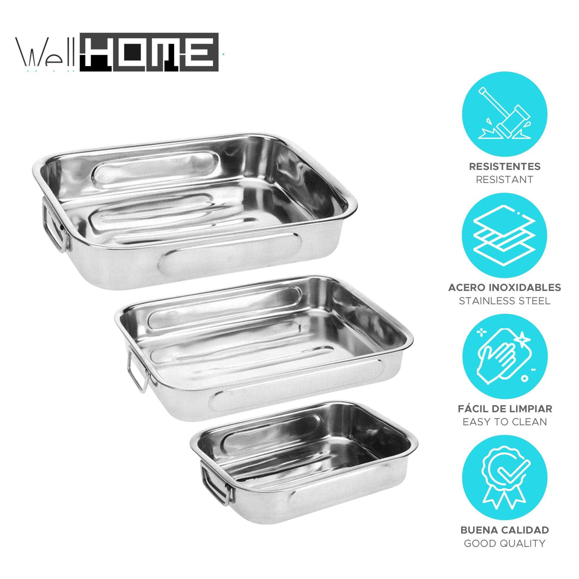 juego de 3 bandejas para hornear en acero inoxidable con asas