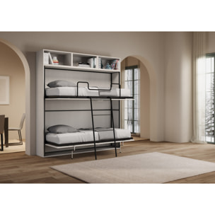 Armoire lit escamotable horizontal superposé 2 couchages 85 Kando avec matelas composition L Frêne Blanc