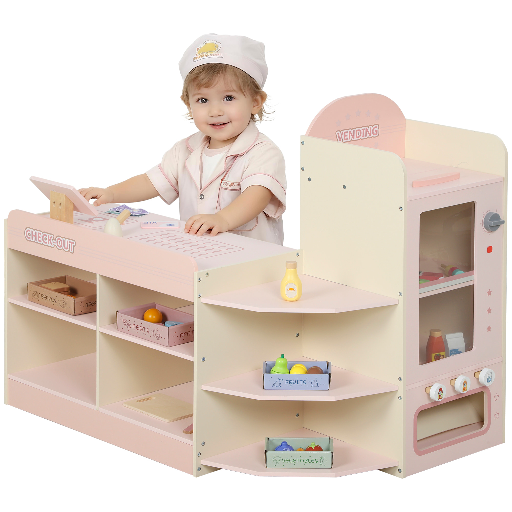 Supermercado Juguete Madera, Tienda de Comestibles con Caja Registradora, Máquina Expendedora, 3 Estantes Abiertos, 4 Compartimentos y Cajas Etiquetadas, para Niños de +3 Años, Rosa