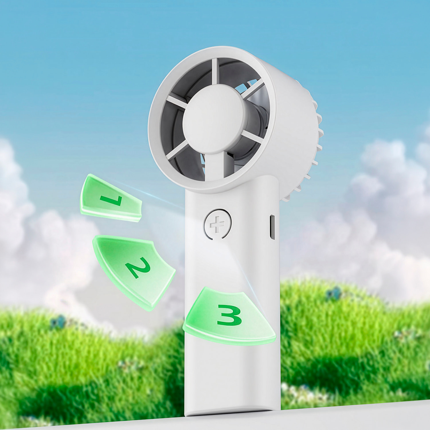 Ventilador portátil JB3. 3 velocidades y batería recargable de 500mAh. Diseño ligero, compacto y ergonómico.