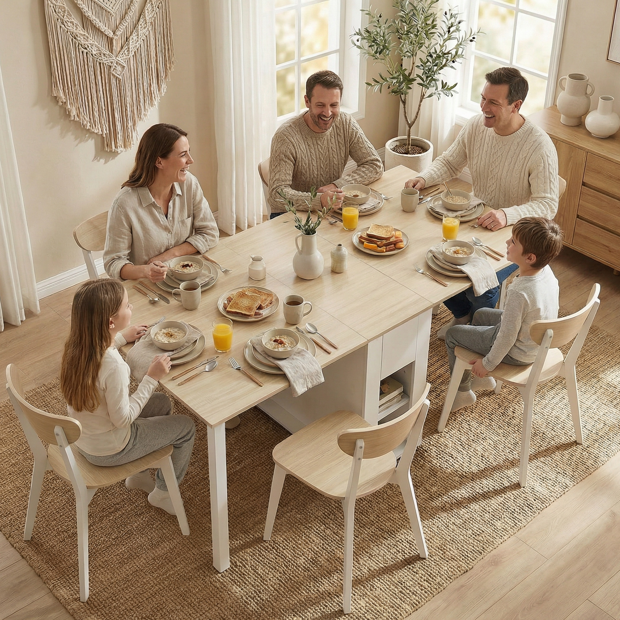 Mesa Plegable de Comedor, Mesa de Cocina Plegable para 6 Personas, con Alas Abatibles, Cajones, Estantes Abiertos, para Salón, Espacio Pequeño, 168,2x85x73 cm, Blanco