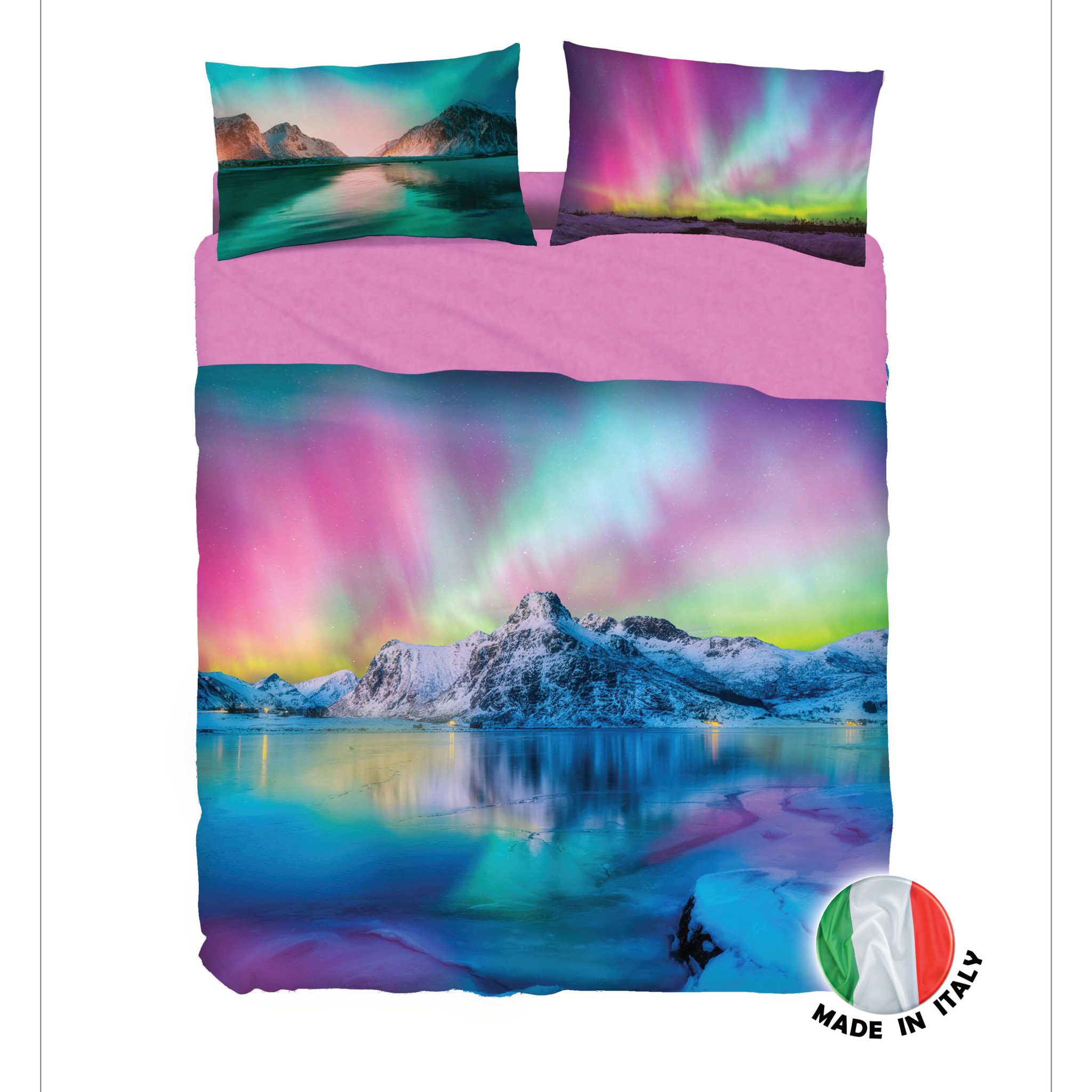 BASSETTI completo letto IMAGE copriletto lenzuolo serie stampa in digitale alta definizione animali natura paesaggi balza applicata 100% cotone – Made in ITALY (NORDIC TRAVEL, Matrimoniale)