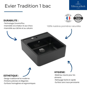 Evier timbre office 1 bac Villeroy et Boch Tradition Pure Black avec vidage automatique
