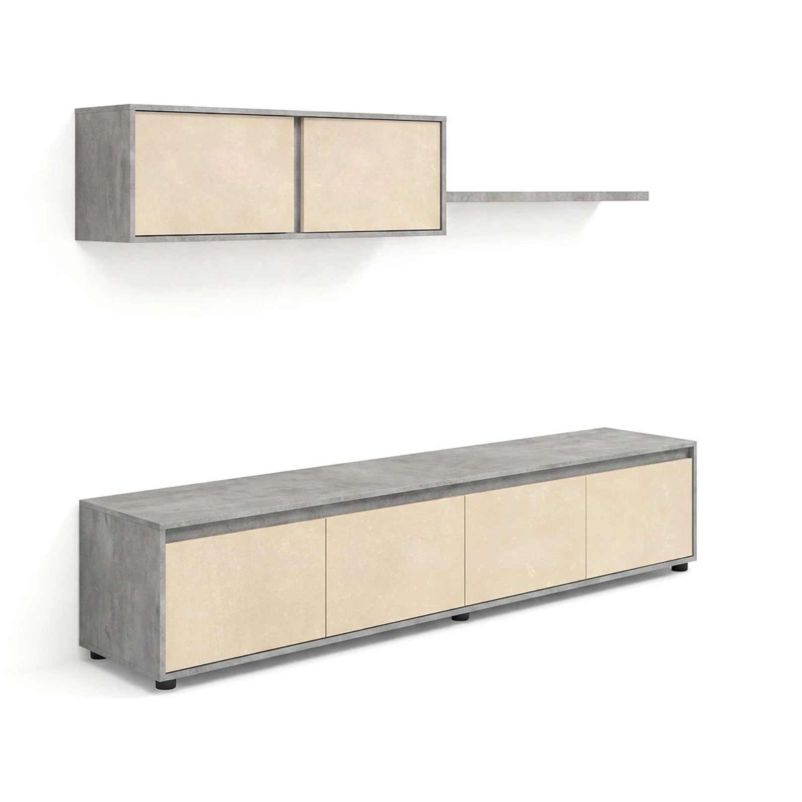 Salón con mueble de TV y estantería en gris cemento y efecto microcemento beige 200 cm Arlet Gris Cemento - Microcemento Beige