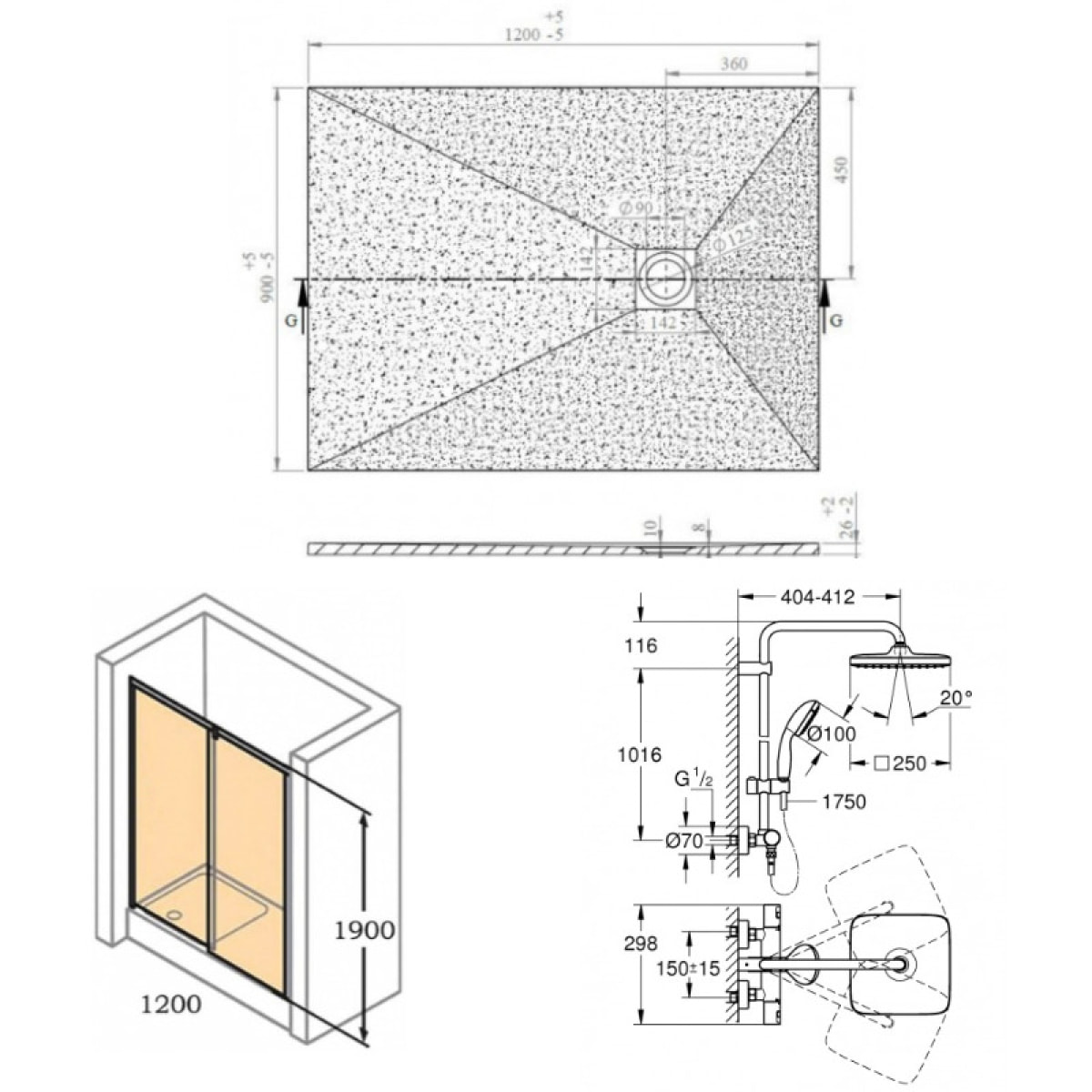 Pack douche : Porte coulissante 120cm + Colonne de douche avec mitigeur thermostatique Grohe + Receveur 120x90cm Blanc