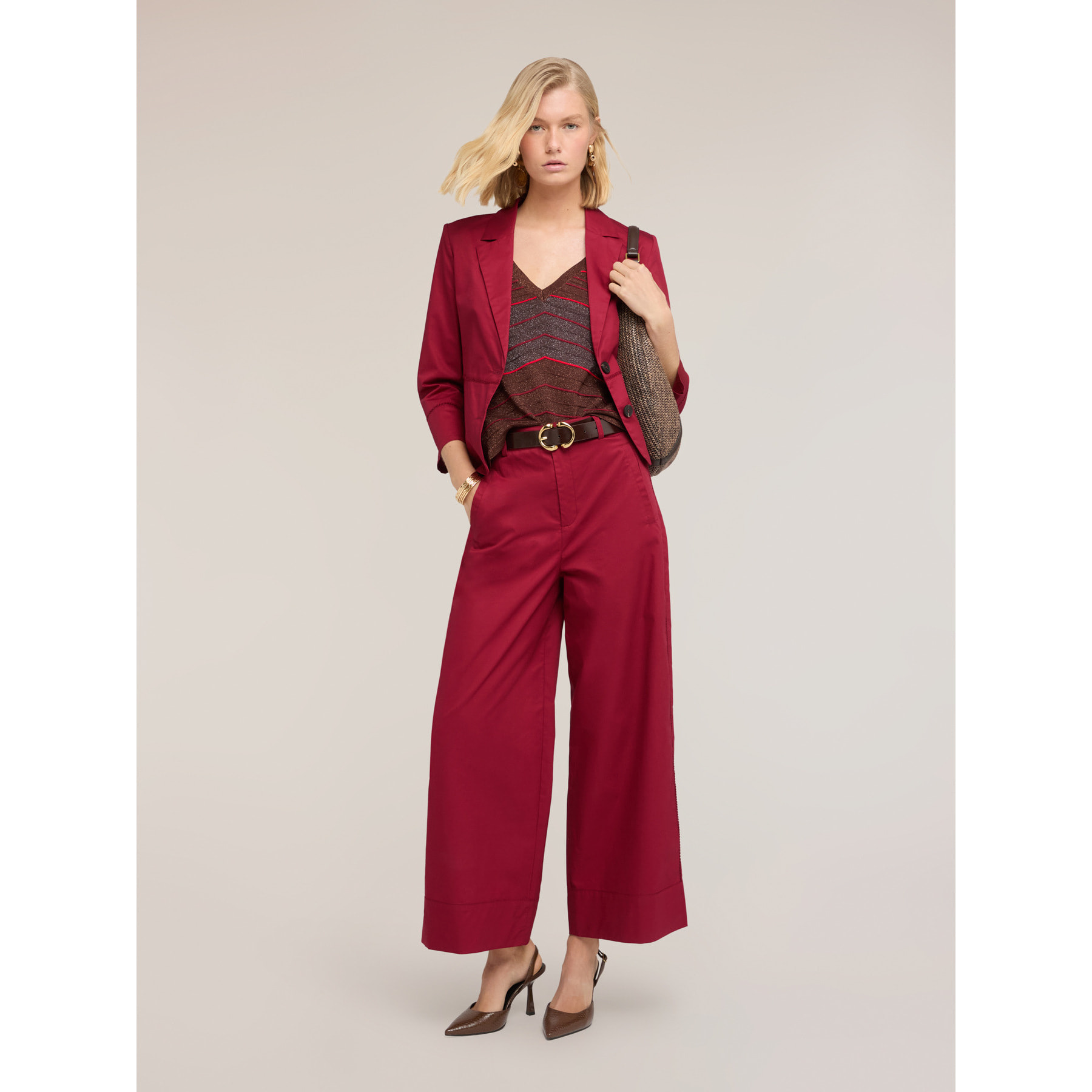 Motivi - Blazer de sarga de algodón con ajouré - Rojo