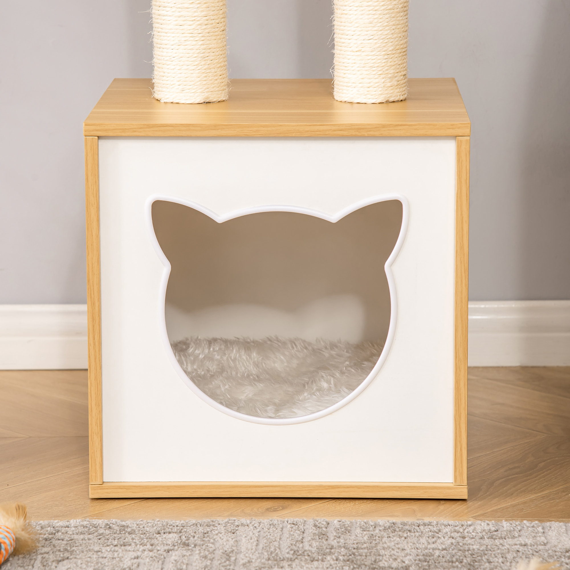 Conjunto para Gatos Juego de Casa para Gatos de 2 Niveles con Cama Superior Cojines Lavables y Estantes para Gatos 3 Piezas de Pared con Hamaca 35x35x81 cm Roble
