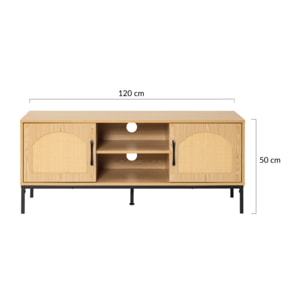 Nagato - meuble tv - cannage et effet bois - 2 portes et 2 niches - 120 cm - Bois / Noir