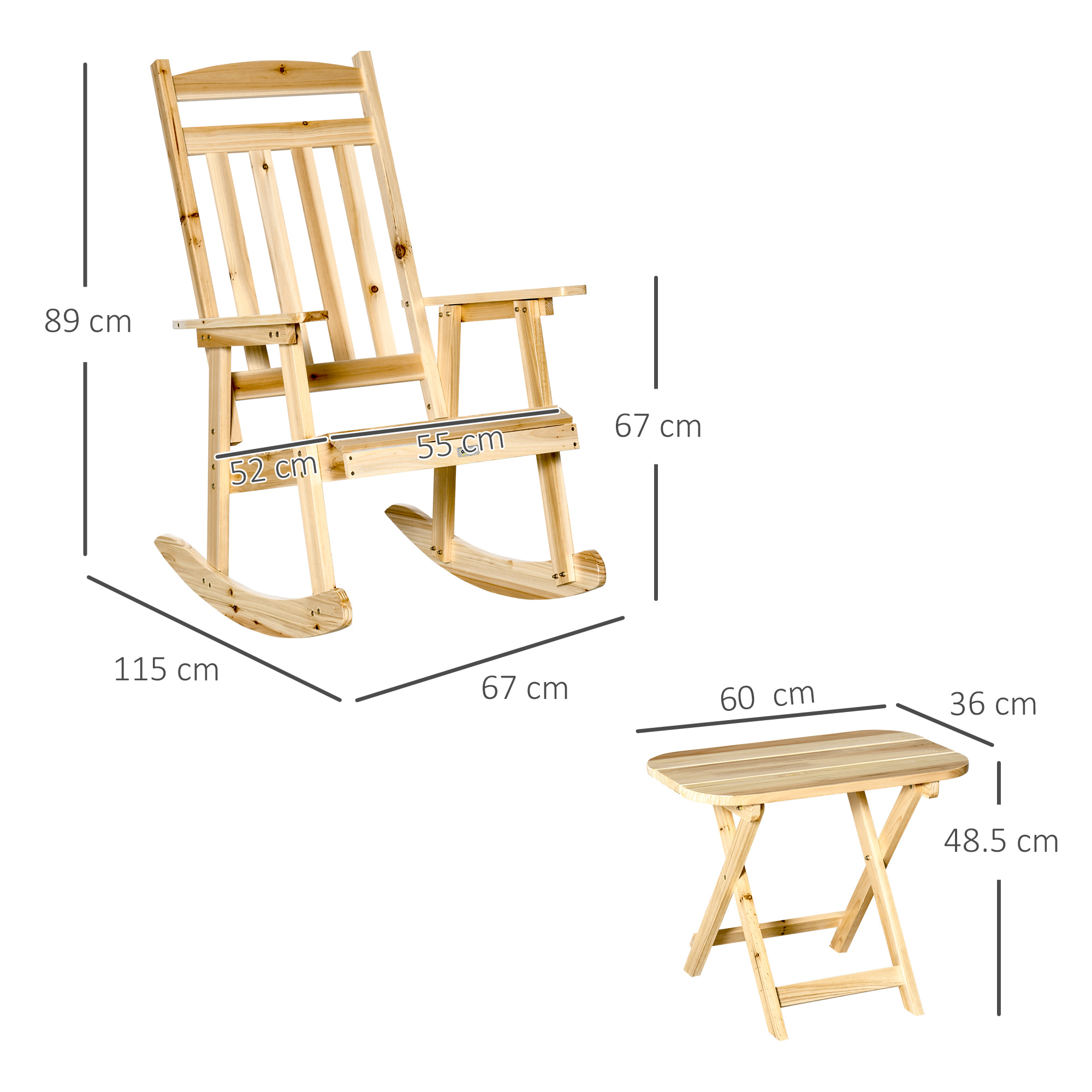 Outsunny Set 2 Pz Mobili da Giardino con Sedia a Dondolo e Tavolino Pieghevole in Legno di Abete