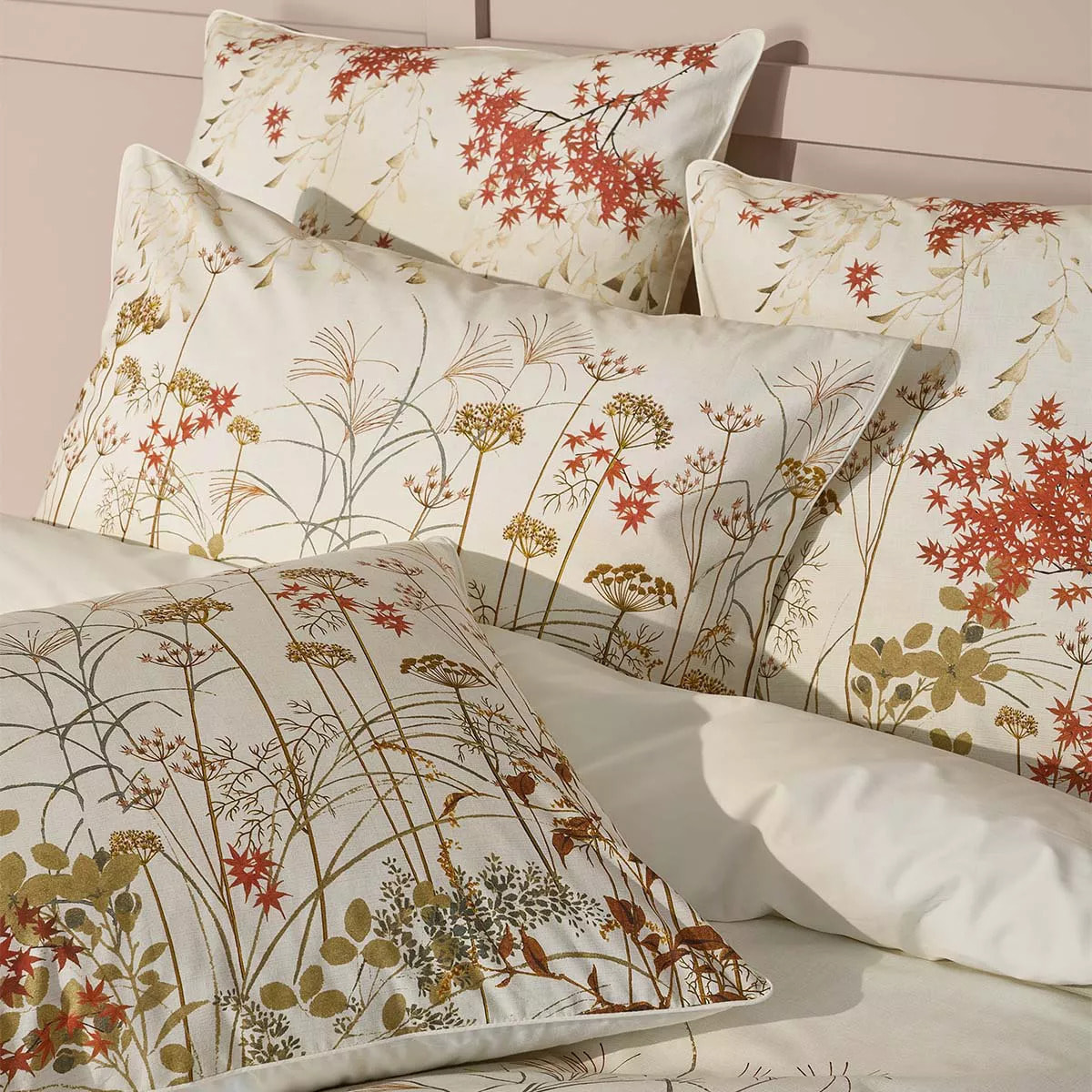Lot h.couette +taies percale de coton imprimé beige orange Erables automne