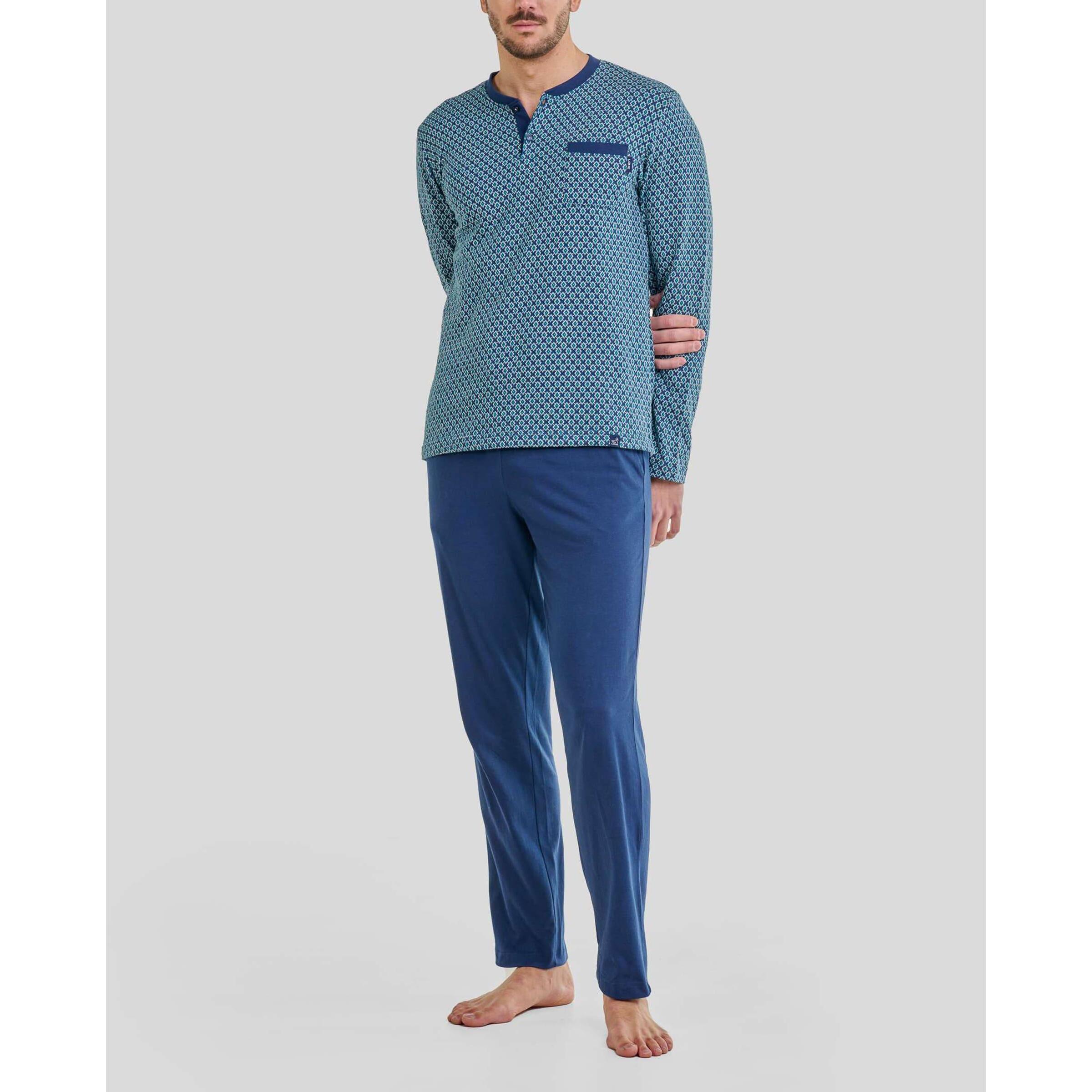 Pijama hombre, Jacquard de diseño geométrico, escote con abertura de botones, manga larga y pantalón largo liso