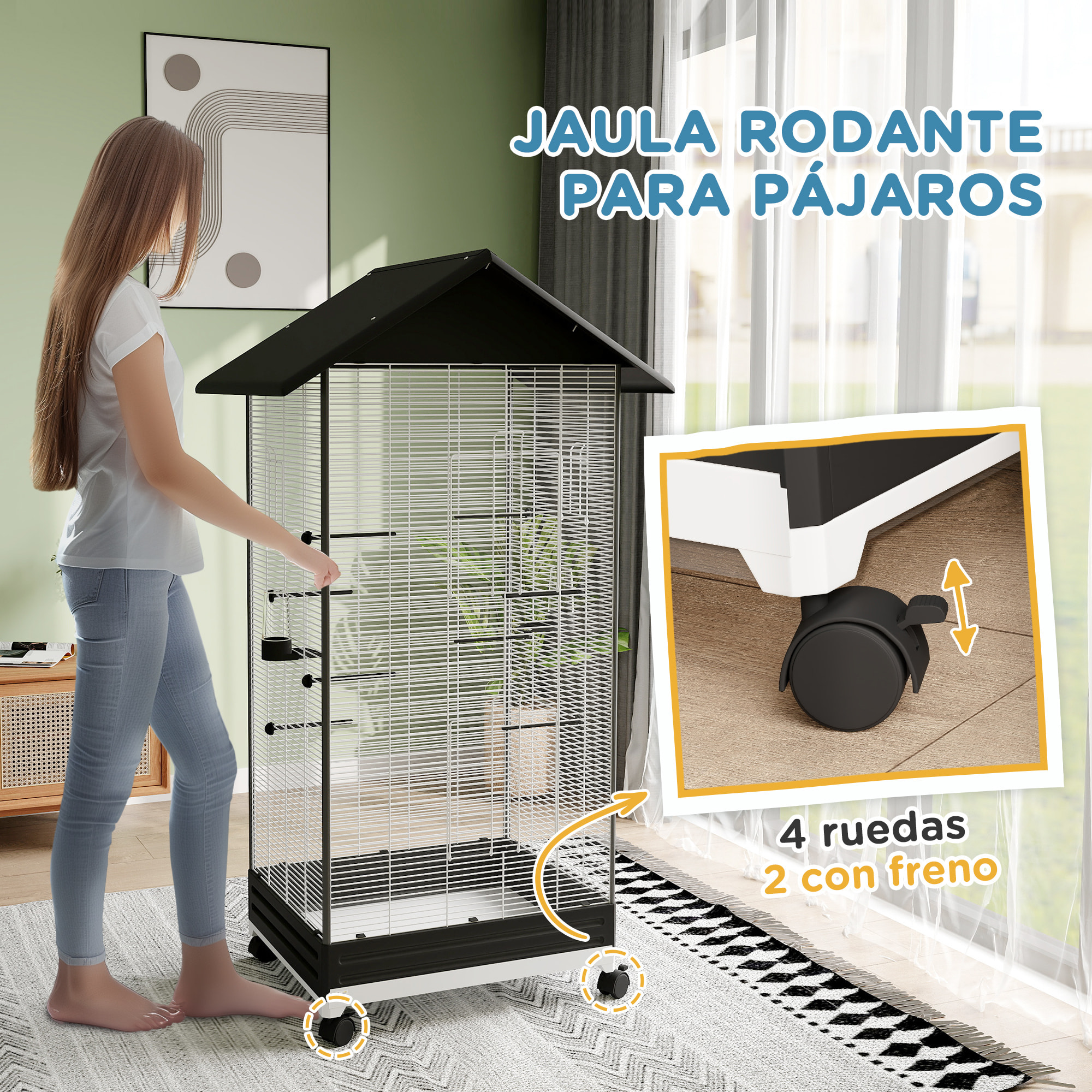 Jaula para Pájaros con Ruedas Pajarera Metálica con Bandeja Extraíble 4 Puertas 2 Comedores 8 Perchas para Canarios Periquitos 79x65x155 cm Negro