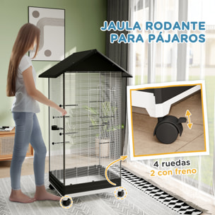 Jaula para Pájaros con Ruedas Pajarera Metálica con Bandeja Extraíble 4 Puertas 2 Comedores 8 Perchas para Canarios Periquitos 79x65x155 cm Negro