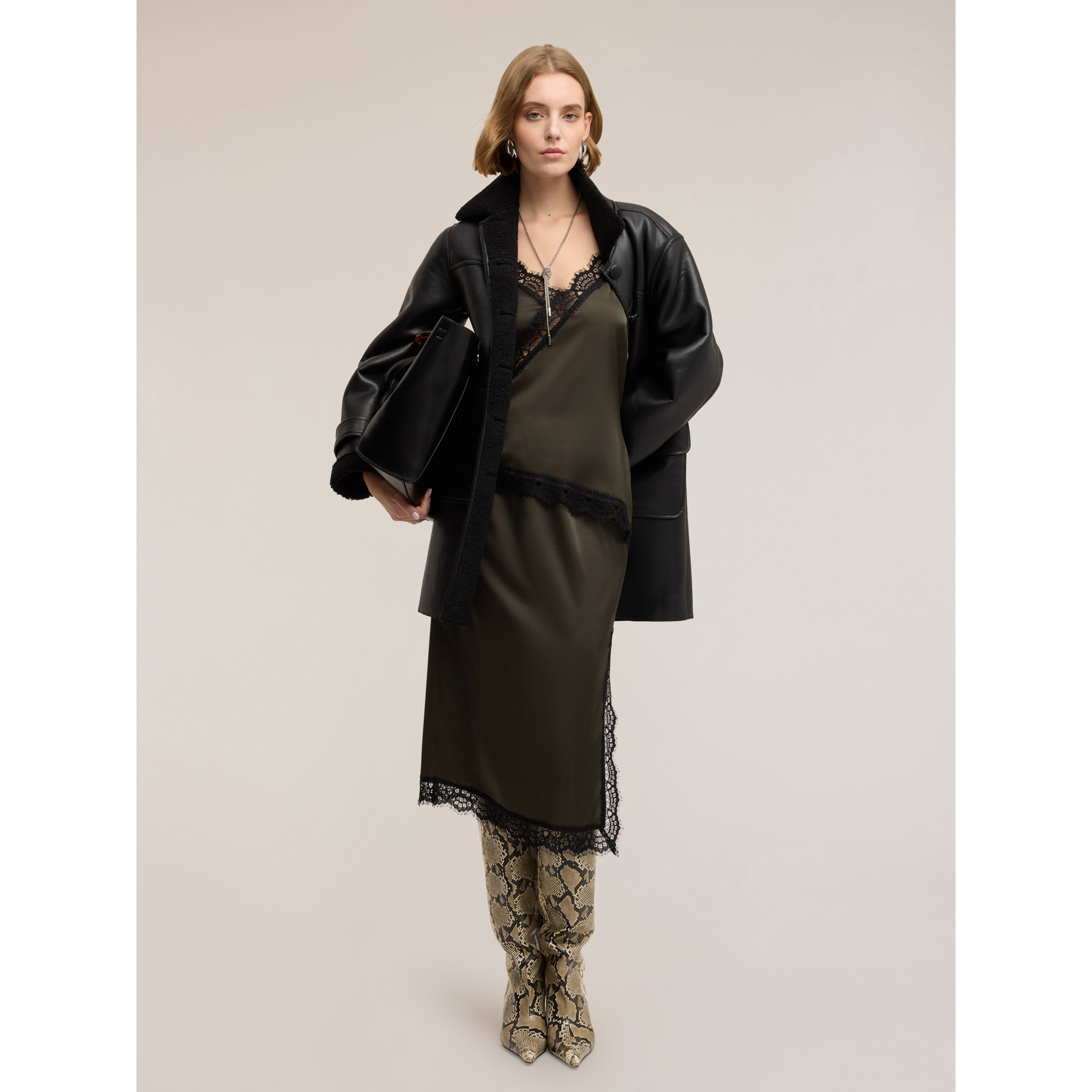 Motivi - Gonna tubino in raso con pizzo - Verde militare