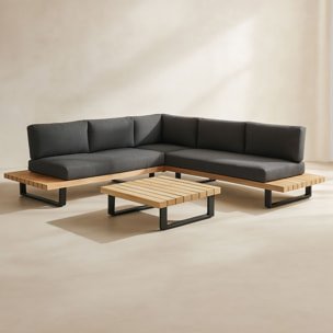 Salon de jardin en bois d'acacia et coussins noir 6 places DOURO