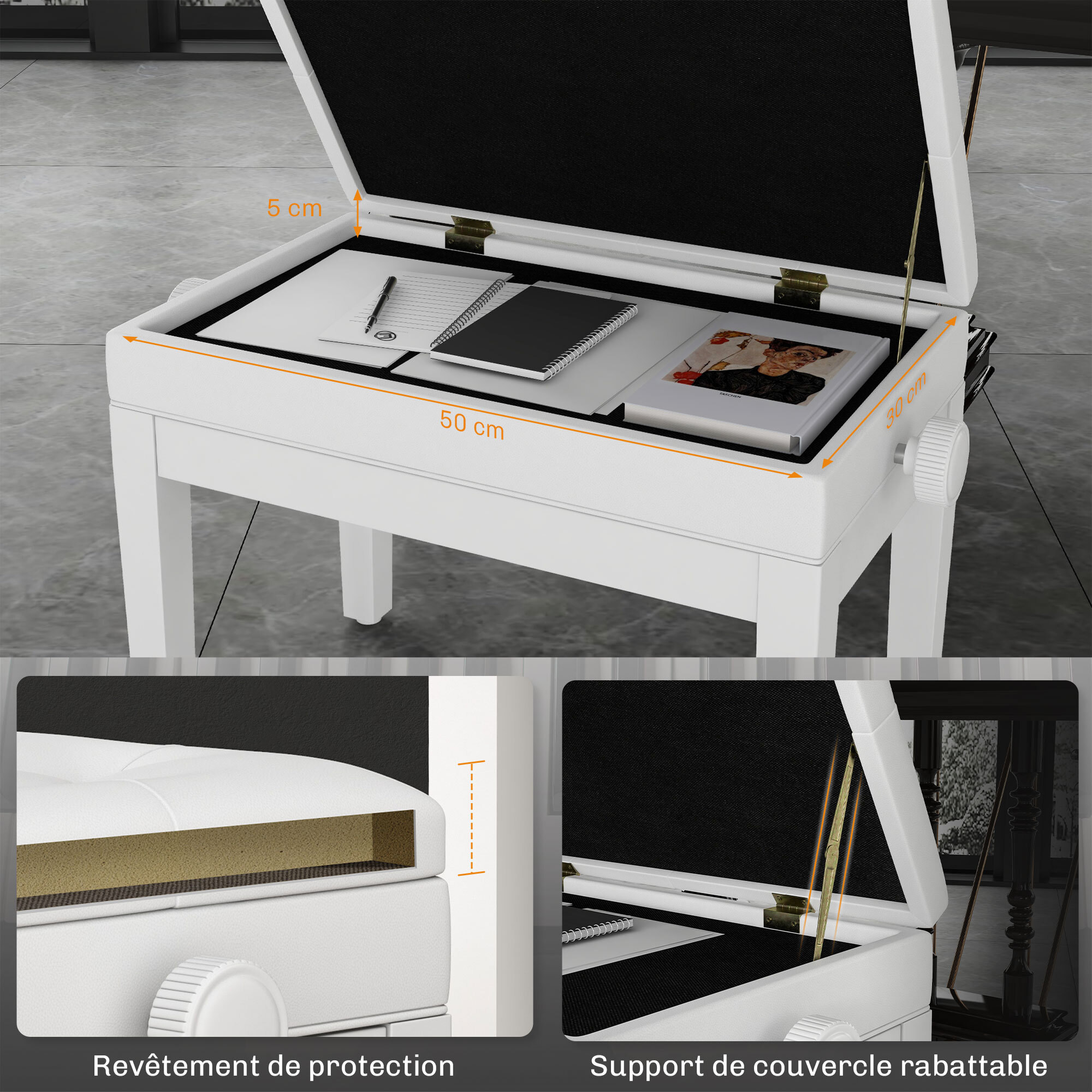 Banquette tabouret siège pour piano hauteur réglable 55L x 33l x 48-58H cm coffre de rangement interne assise revêtement synthétique capitonné bois blanc