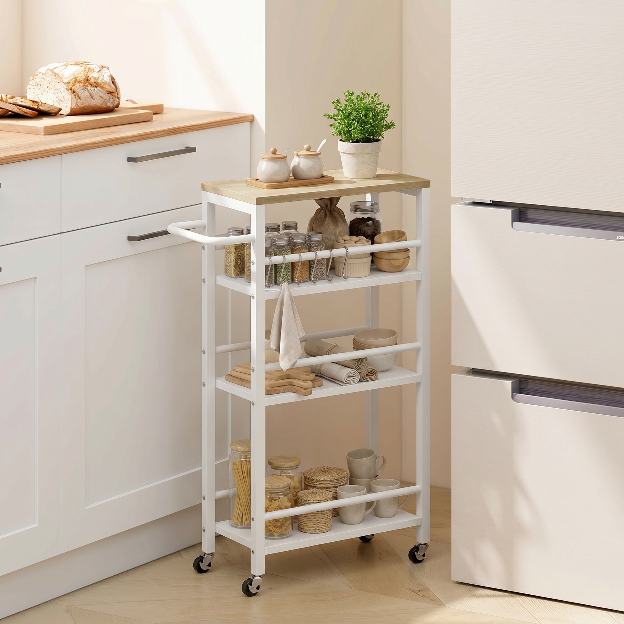 Carrito Auxiliar con Ruedas de 4 Niveles, Carrito de Cocina con Toallero y 6 Ganchos, Estrecho para Espacios Pequeños, Verduras, Frutas, para Comedor, 50x20x81 cm, Roble
