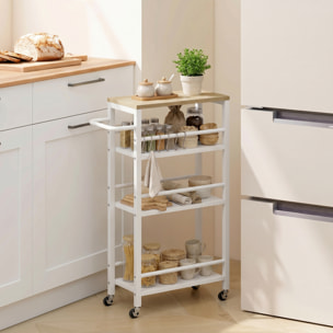 Carrito Auxiliar con Ruedas de 4 Niveles, Carrito de Cocina con Toallero y 6 Ganchos, Estrecho para Espacios Pequeños, Verduras, Frutas, para Comedor, 50x20x81 cm, Roble