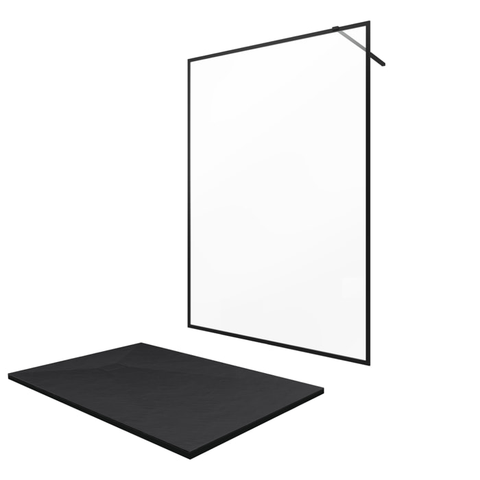 Paroi de douche 140x200 + receveur a poser 140x90 cm + cadre et barre noir mat - CONTOURING 140