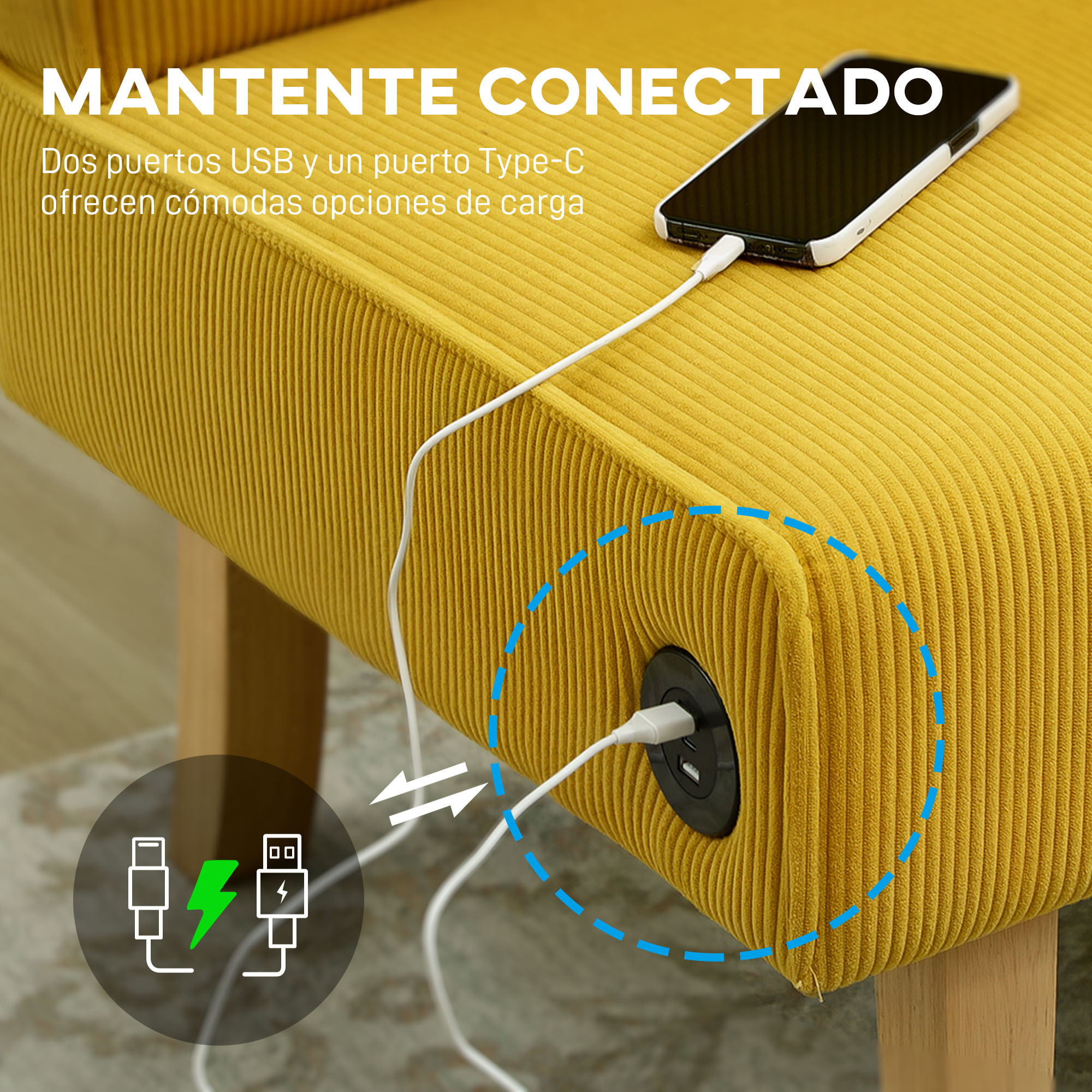 Sofá de 2 Plazas Tapizado en Pana Sofá de Salón sin Brazos con 2 Puertos USB 1 Puerto Tipo-C y Patas de Madera Sofá Pequeño Carga 240 kg 110x60x85 cm Amarillo