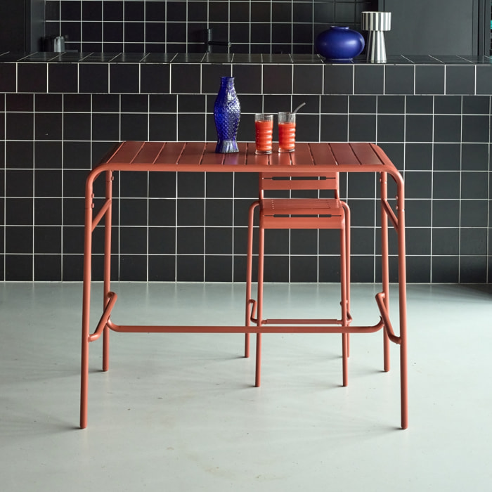 Table haute de jardin métal 4 places. terracotta. 120 x 70 x 95cm