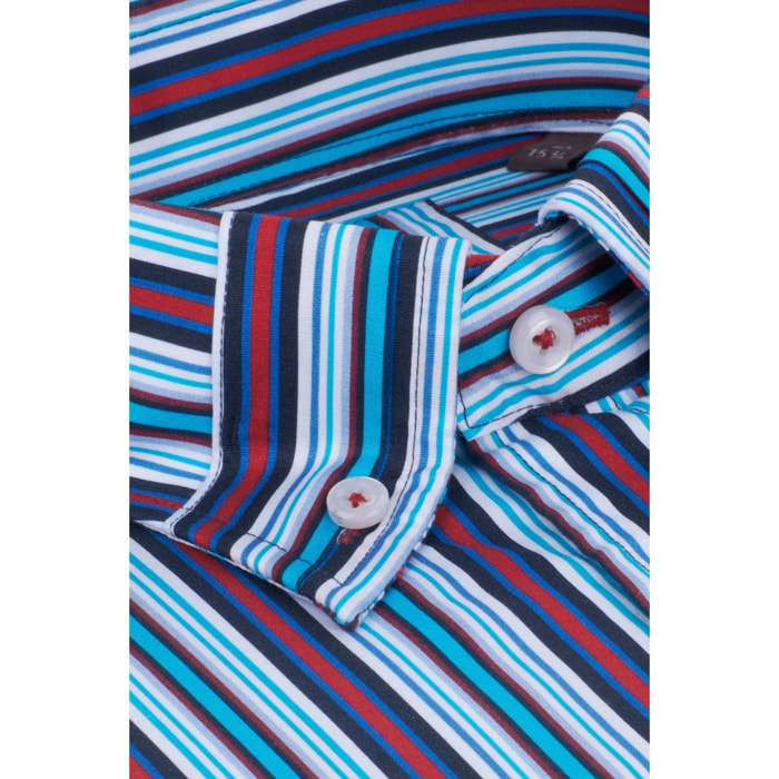 Camicia Uomo 1 Bottone Button Down Slim Popeline Stampato Blu/Celeste