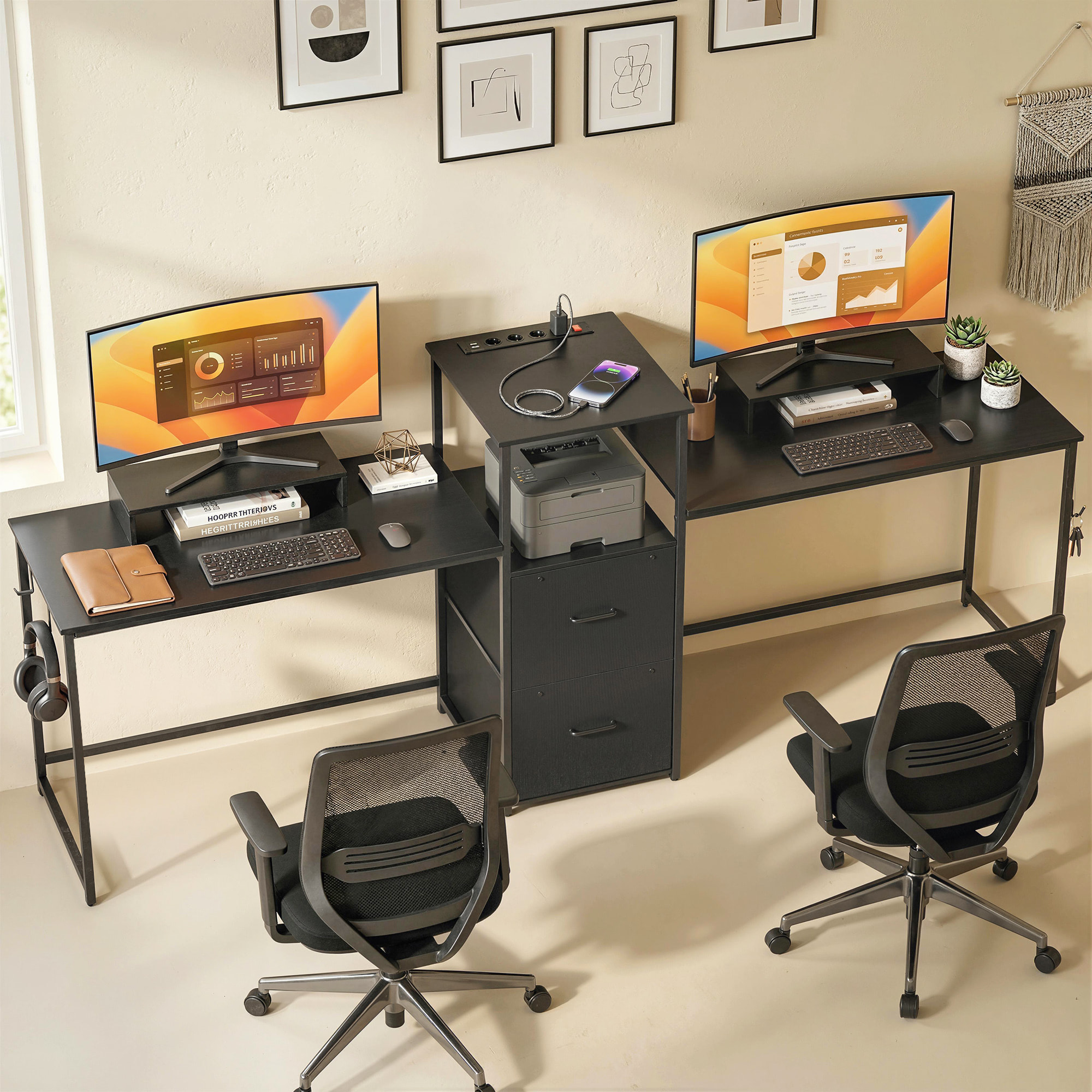 Mesa Gaming Doble, Escritorio Extralargo de 244 cm, Mesa Gamer con Estación de Carga, Puertos USB, Soportes para Monitor, Cajones de Tela y Ganchos para Auriculares, Negro