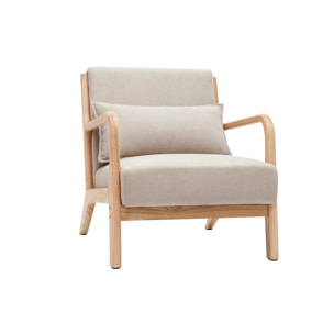 Fauteuil scandinave en tissu effet velours beige et bois clair massif DERRY