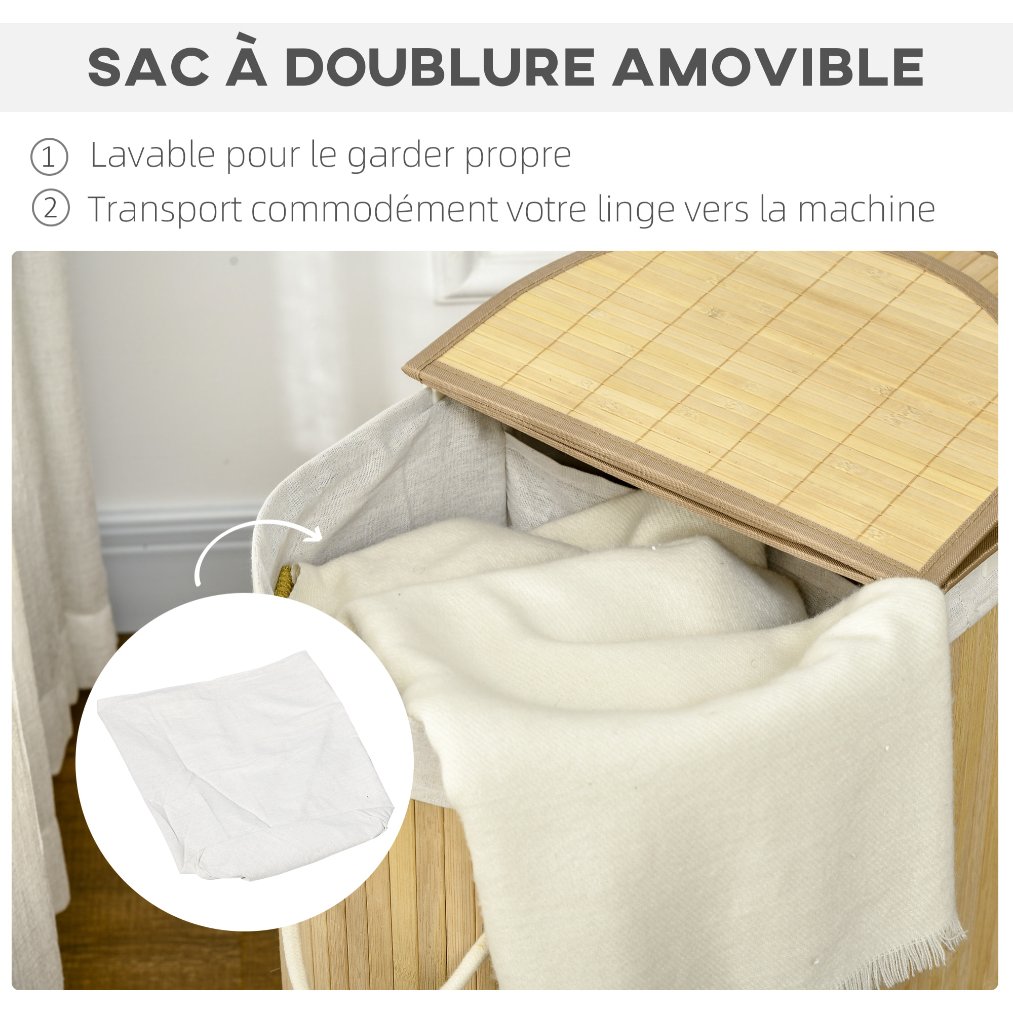 Panier à linge corbeille à linge bac à linge 100 L 2 compartiments couvercle sac amovible 2 poignées tissu bambou