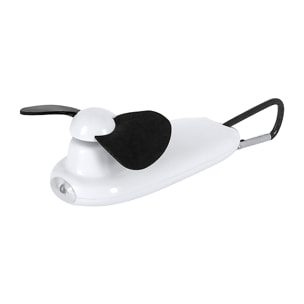 Ventilatore portatile con torcia LED integrata e moschettone per il trasporto.
