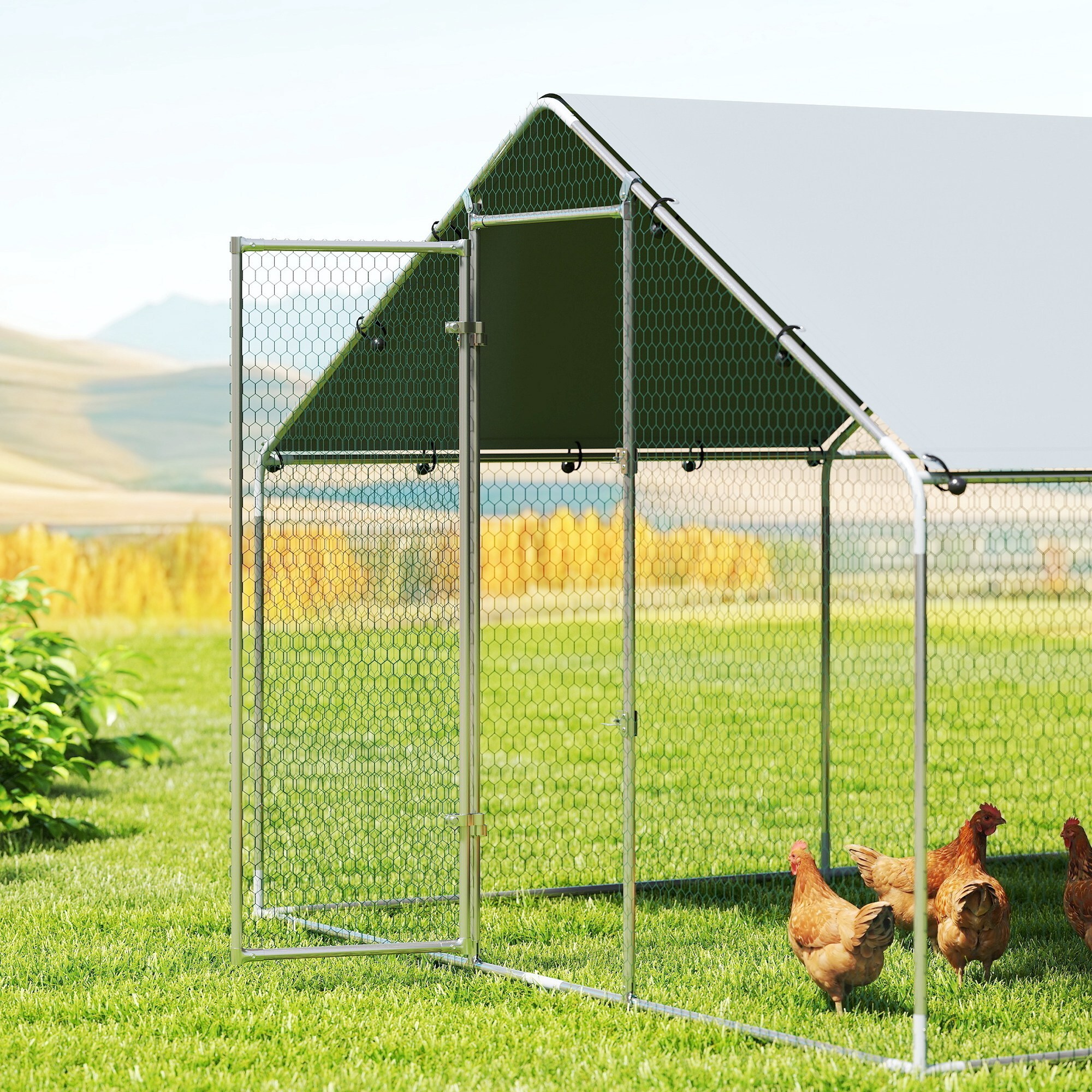 Gallinero para Exterior Grande, 6,8x3x1,9 m, Gallinero de Acero Galvanizado, Puerta con Doble Cierre, Cubierta Tela Oxford, Anti-UV e Impermeable, Diseño Accesible, para 20-30 Gallinas, Plata