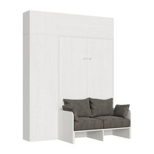 Armoire Lit escamotable vertical double 140 KENTARO avec canapé Frêne Blanc avec colonne de rangement et deux éléments hauts (ALESSIA 20)