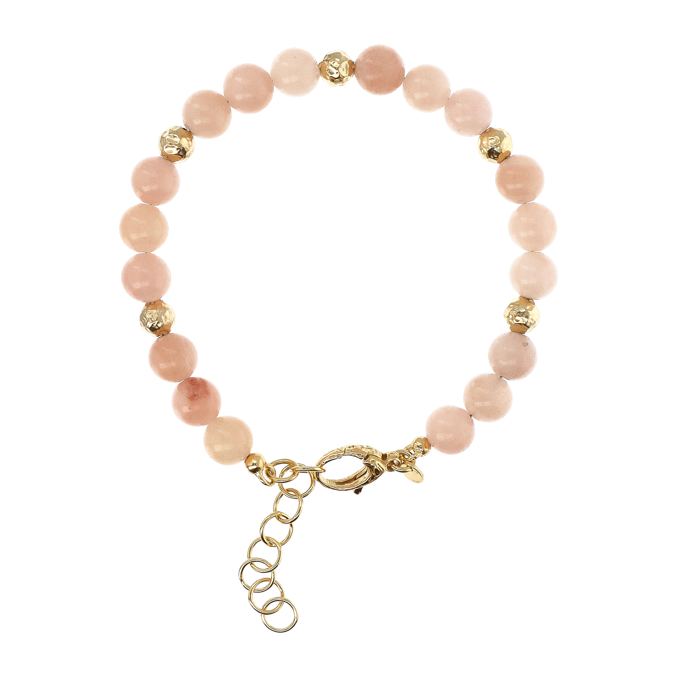 Bracciale in Argento 925 placcato Oro Giallo 18Kt con Elementi Martellati e Sfere in Avventurina Rosa Sfaccettata