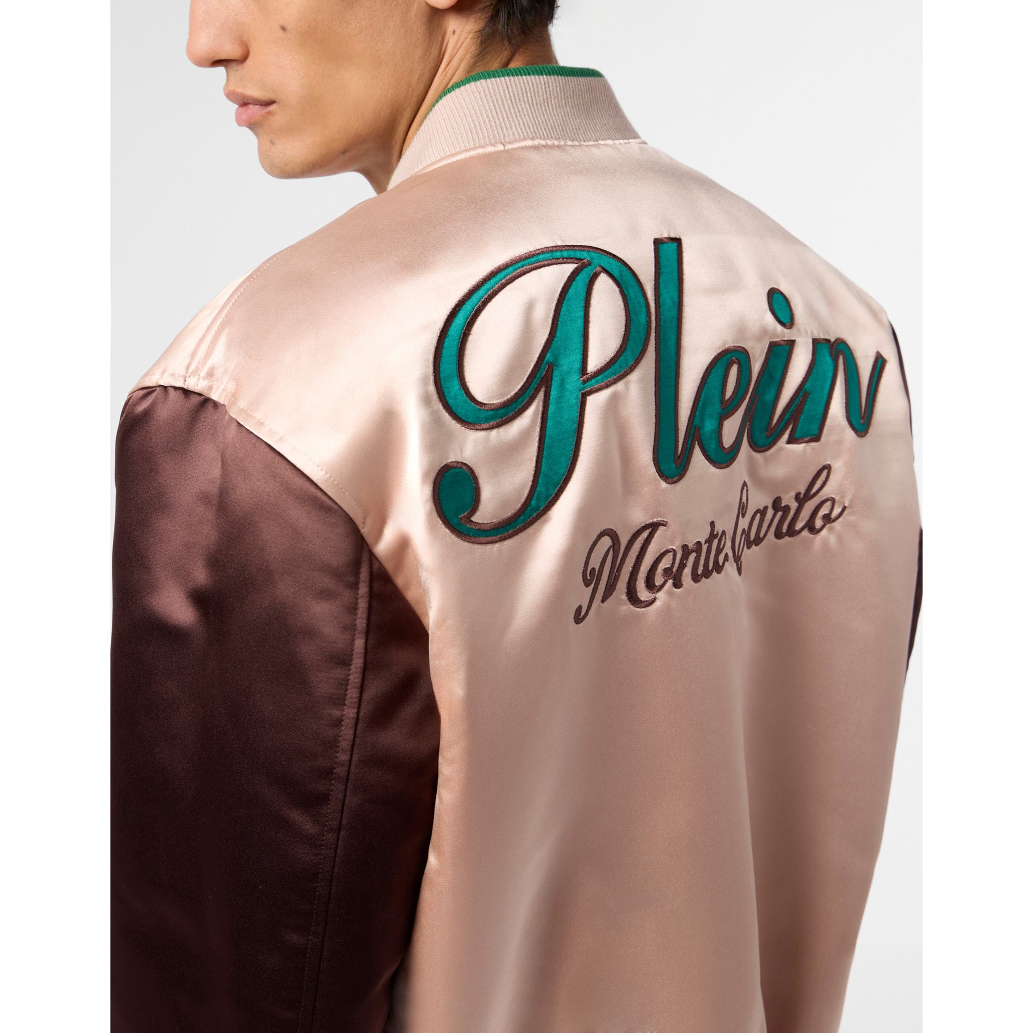 PHILIPP PLEIN Shiny Satin College Bomber Signature Monte Carlo