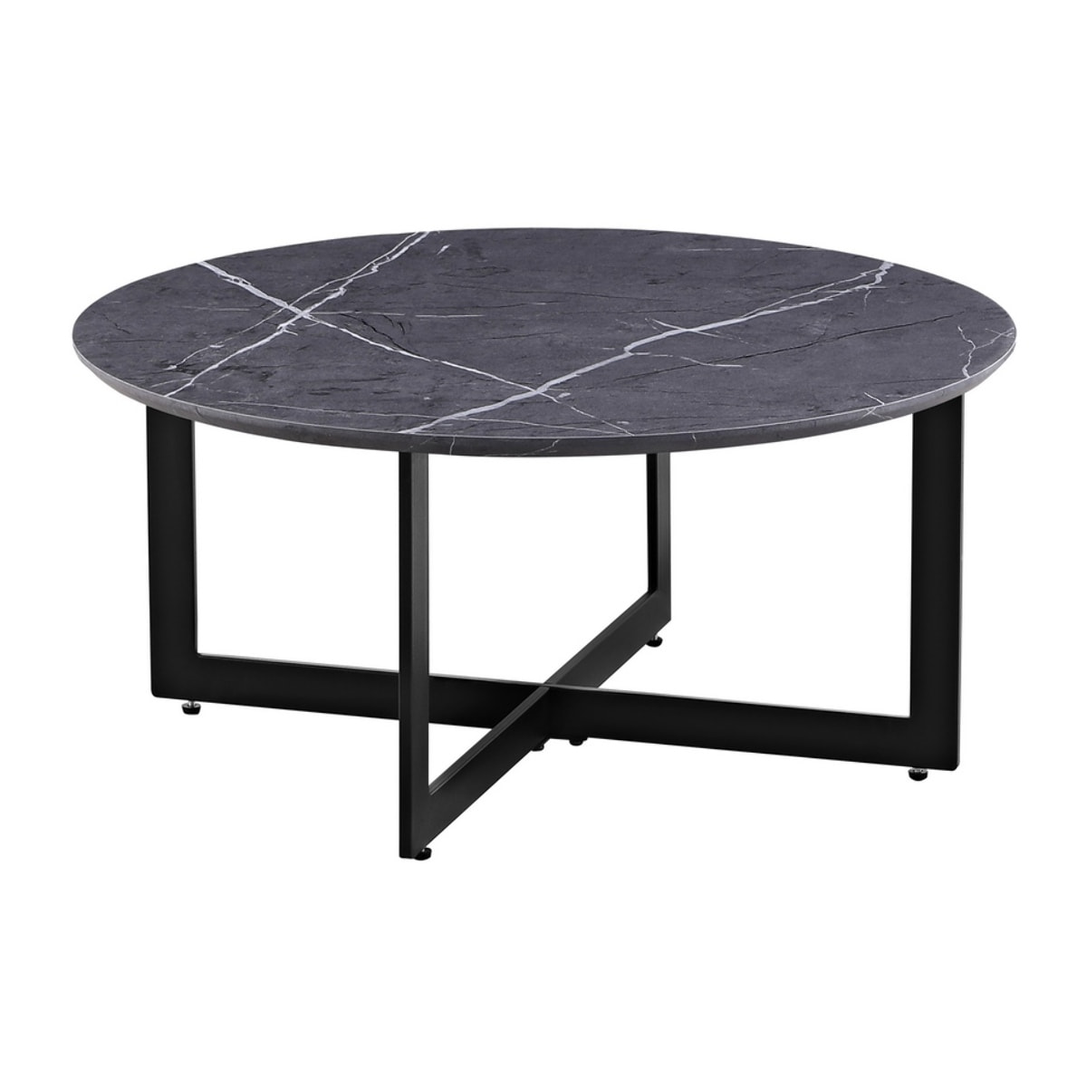 Tavolino tondo basso con top effetto marmo grigio scuro con piedi neri 75x75x35 cm - Yara