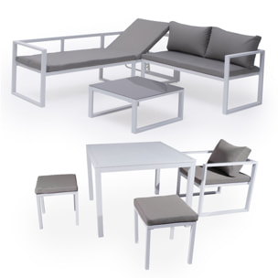 Salon de jardin modulable IBIZA en tissu gris 7 places - aluminium blanc