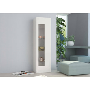 Mobile a colonna con anta a vetro, Made in Italy, Credenza con ripiani, Vetrinetta da soggiorno, cm 45x34h162, colore Bianco lucido