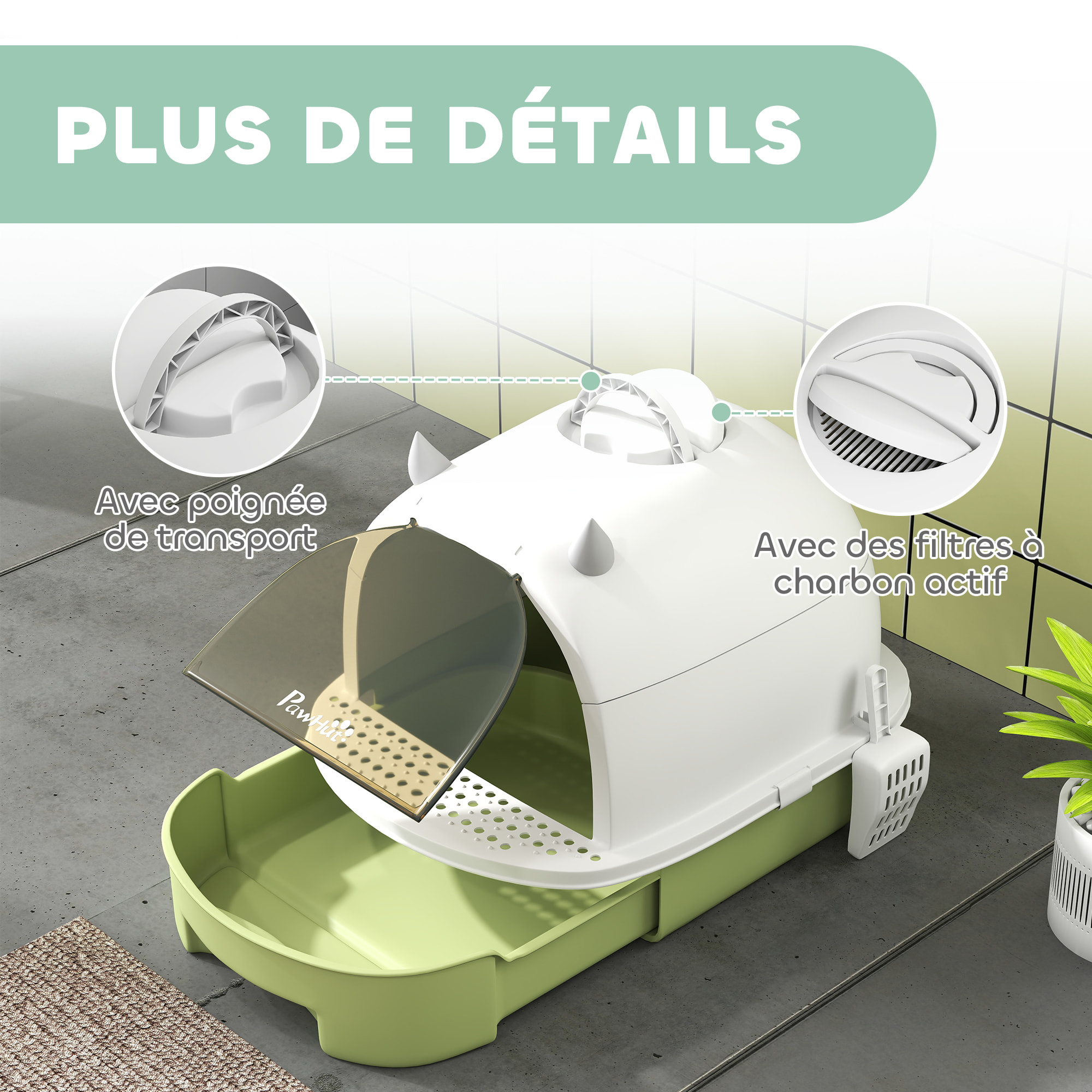 Maison de toilette chat design - porte fumée, pelle, 2 sacs désodorisation, tiroir litière coulissant, poignée - blanc vert