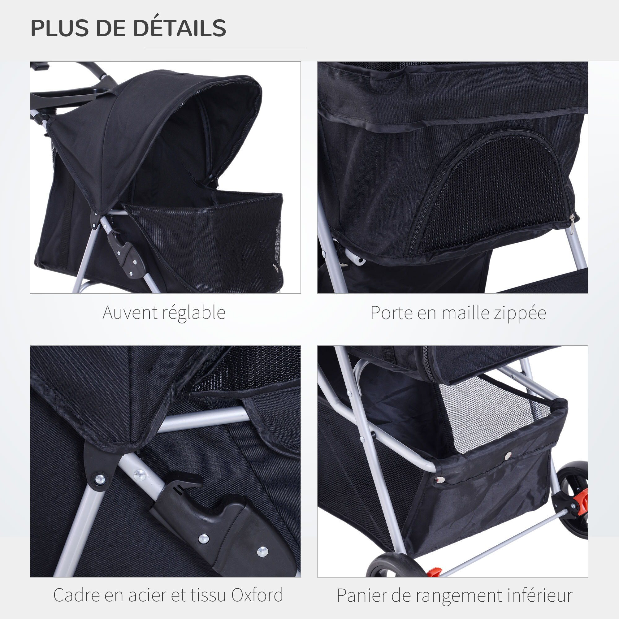 Poussette buggy pour chiens 75L x 46l x 94H cm pliable imperméable tissu 600D Oxford 4 roues noir