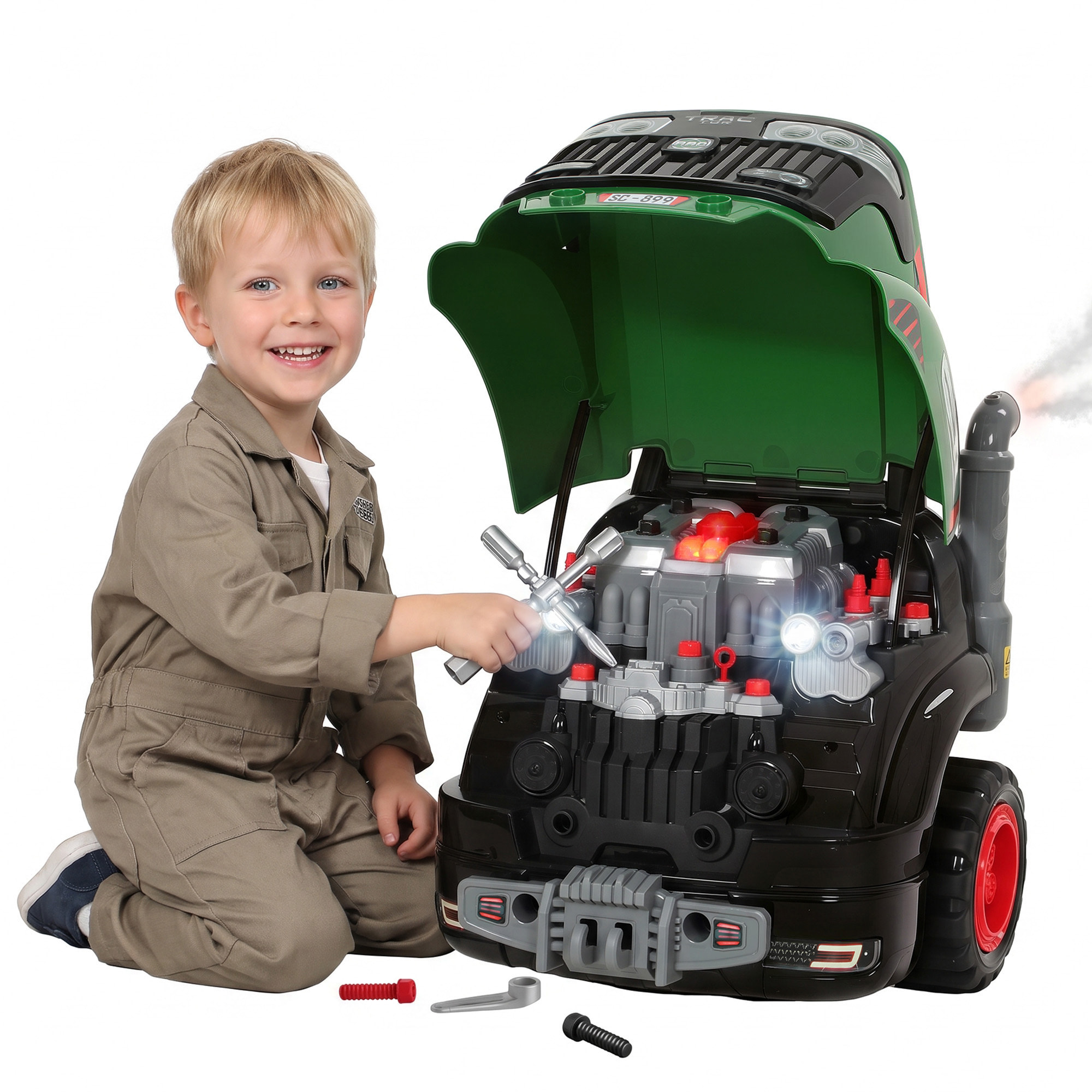 AIYAPLAY Juguete de Motor de Camión para Niños, Volante de Juguete con Vapor, Luces y Sonidos, Set de Reparación Mecánico Desmontable, Regalo Educativo para Niños y Niñas de 3-6 Años, Verde