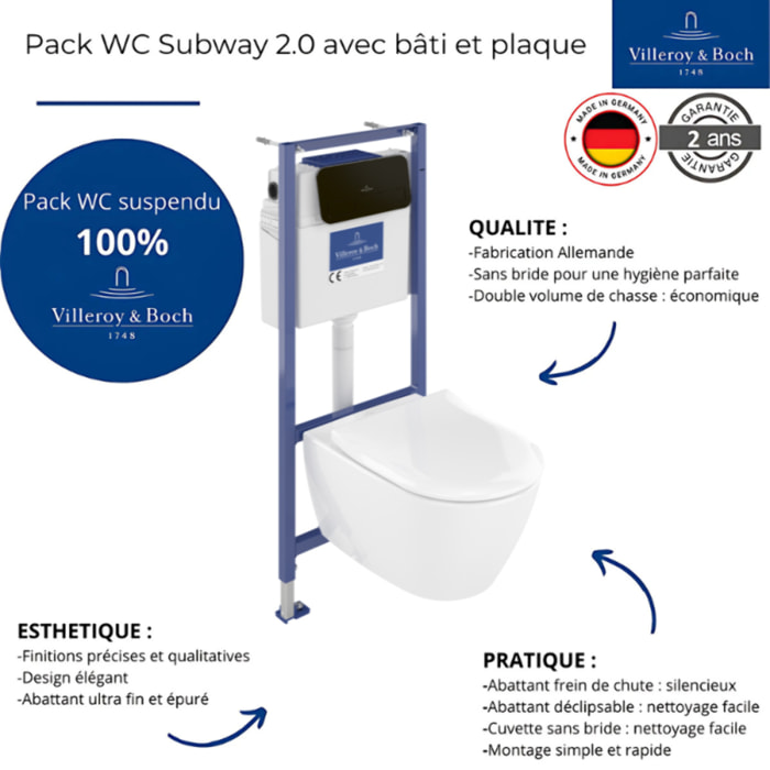 Pack WC sans bride Subway 2.0 avec abattant frein de chute + bâti Viconnect PRO + plaque noir mat  + Tabouret blanc
