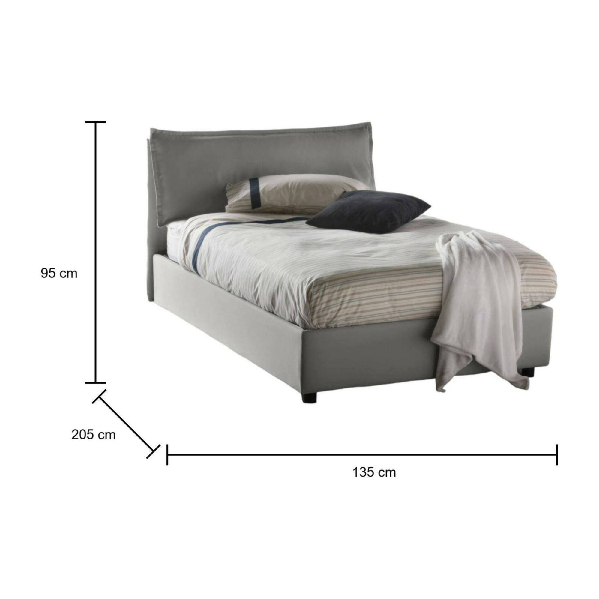 Letto piazza e mezza Gloria, Letto contenitore con rivestimento in tessuto, 100% Made in Italy, Apertura frontale, adatto per materasso Cm 120x190, Grigio