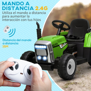 Tractor Eléctrico con Remolque Desmontable Coche Eléctrico para Niños 3-6 Años con Control Remoto Música MP3 Pantalla Luces y Cinturón de Seguridad 136,5x50x52,5 cm Verde