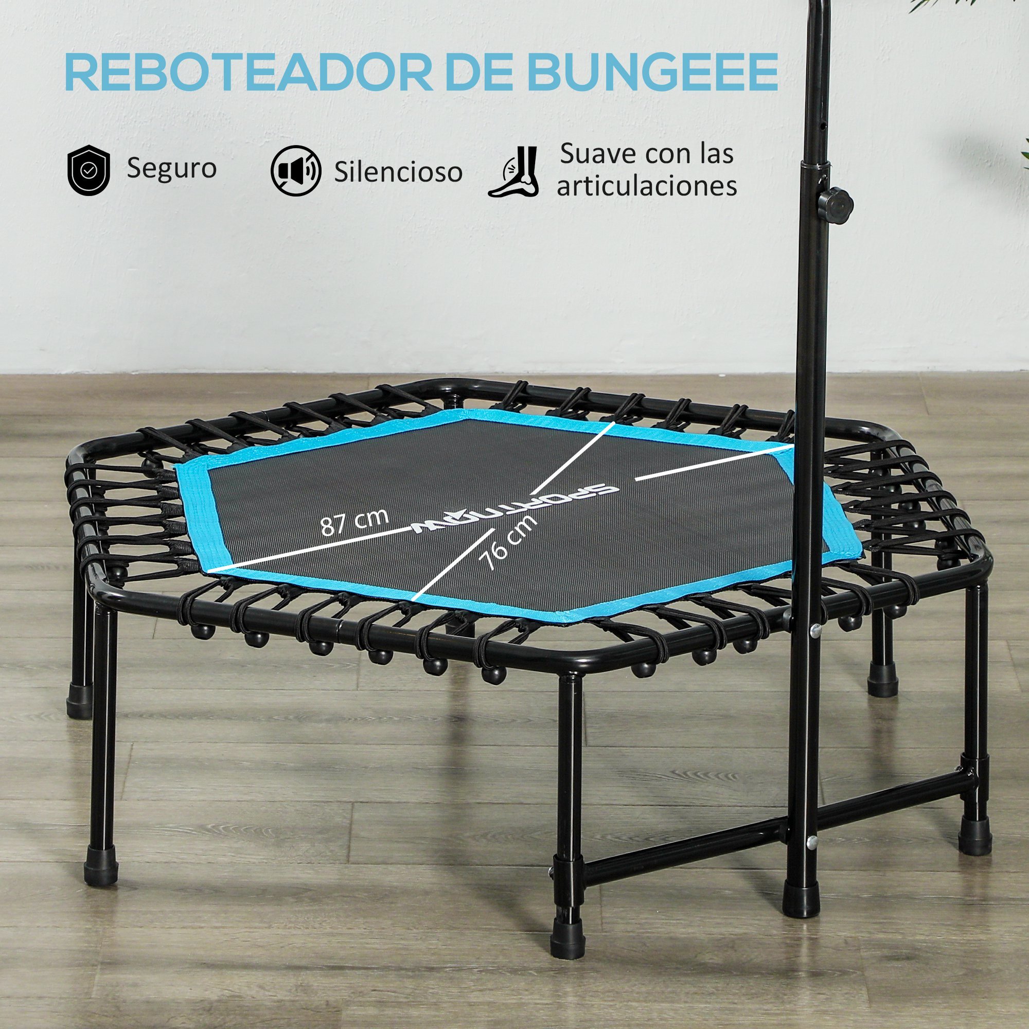 Trampolín de Fitness 114x114x132 cm Cama Elástica Fitness con Mango Ajustable de 3 Niveles Marco de Acero para Entrenamiento Piernas Cuerpo en Hogar Oficina Gimnasio Azul