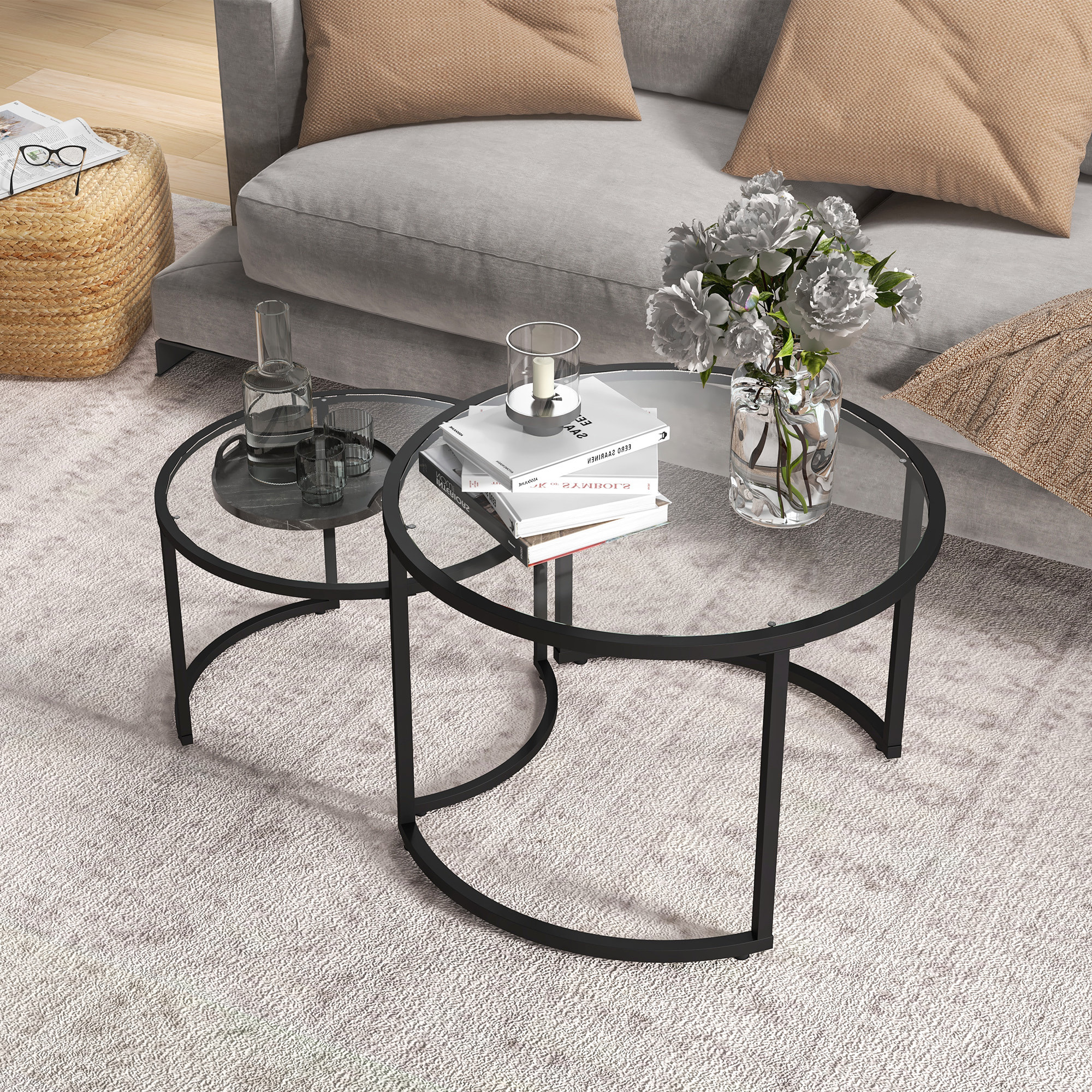 Juego de 2 Mesas Nido, Mesas de Centro para Salón Redondas, Tablero de Vidrio Templado y Marco de Acero, para Dormitorio y Oficina, Grande 70 cm, Pequeña 54 cm, Negro y Transparente